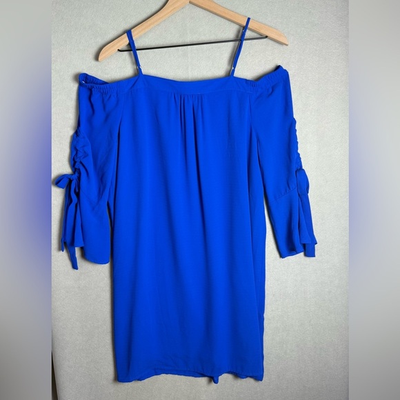 Skies are Blue Women’s Off the Shoulder Blue Chiffon Dress Bell Sleeve size XS - Picture 2 of 12